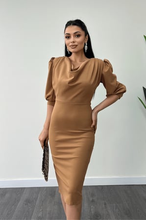 Krep Kumaş Degaje Yaka Kalem Elbise - Camel-GYM-0913