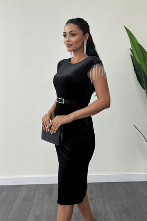 Kadife Kumaş Omuz Püsküllü Kalem Elbise - SİYAH-GYM-0916