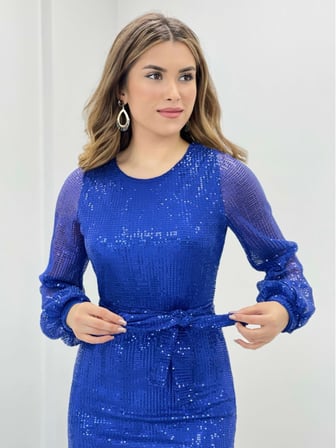 Tül Payet Tasarım Elbise  - SAKS MAVİ-GYM-0708