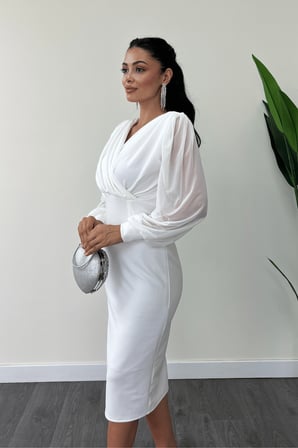 Krep Kumaş Kollar Tül Kalem Elbise - BEYAZ-GYM-0912