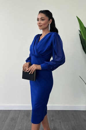 Krep Kumaş Kollar Tül Kalem Elbise - SAKS MAVİ-GYM-0912