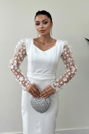 Double Kumaş Kolları 3 Boyutlu Çiçekli Kalem Elbise - Beyaz-GYM-0865
