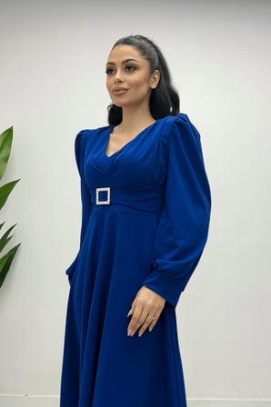 İthal Krep Kumaş Kemer Detaylı Midi Elbise - SAKS MAVİ-GYM-0930