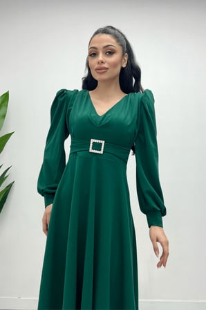 İthal Krep Kumaş Kemer Detaylı Midi Elbise - ZÜMRÜT YEŞİL-GYM-0930