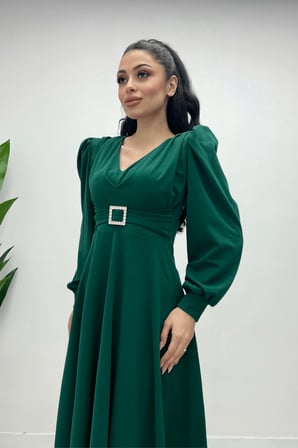 İthal Krep Kumaş Kemer Detaylı Midi Elbise - ZÜMRÜT YEŞİL-GYM-0930