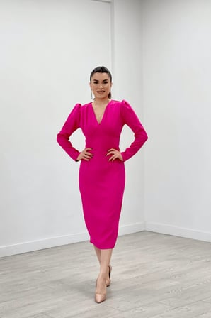 Double Kumaş Büzgü Detaylı Kalem Abiye Elbise - FUŞYA-GYM-0939