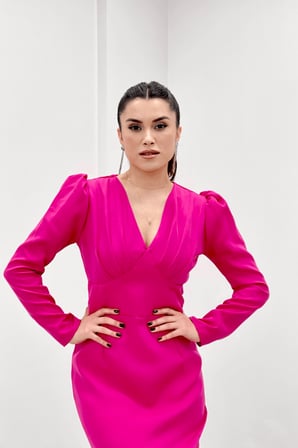 Double Kumaş Büzgü Detaylı Kalem Abiye Elbise - FUŞYA-GYM-0939