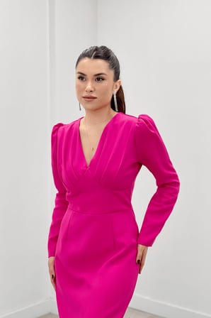 Double Kumaş Büzgü Detaylı Kalem Abiye Elbise - FUŞYA-GYM-0939