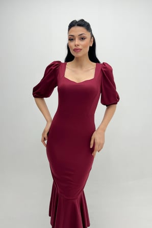 Krep Kumaş Eteği Volanlı Kalem Abiye Elbise - BORDO-GYM-0942