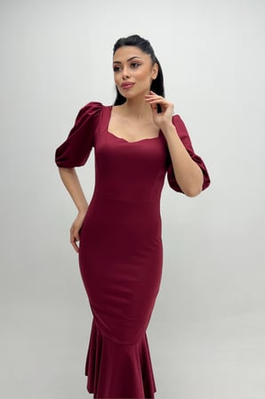 Krep Kumaş Eteği Volanlı Kalem Abiye Elbise - BORDO-GYM-0942