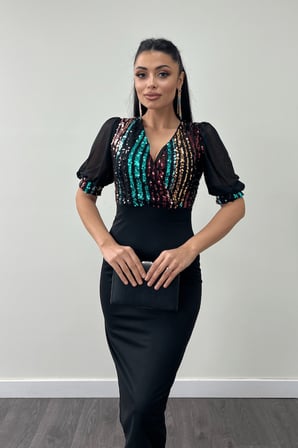 Krep Kumaş Renkli Payet Detaylı Kalem Elbise - SİYAH-GYM-0943