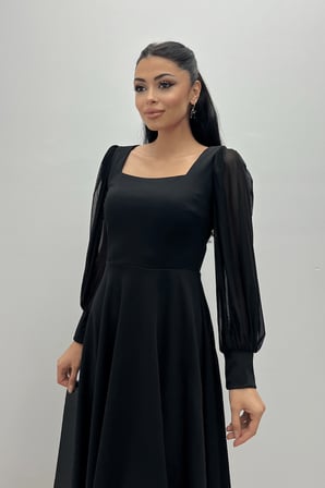 Krep Kumaş Kolları Tül Detaylı Midi Elbise - SİYAH-GYM-0944