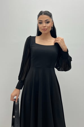 Krep Kumaş Kolları Tül Detaylı Midi Elbise - SİYAH-GYM-0944