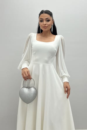Krep Kumaş Kolları Tül Detaylı Midi Elbise - BEYAZ-GYM-0944