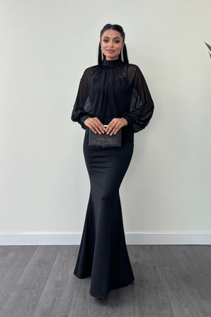 Krep Kumaş İnci Bolero Detaylı Balık Elbise - SİYAH