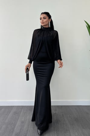 Krep Kumaş İnci Bolero Detaylı Balık Elbise - SİYAH