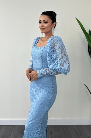 Güpür Dantel Kumaş Balon Kol Kalem Elbise - BUZ MAVİ-GYM-0958