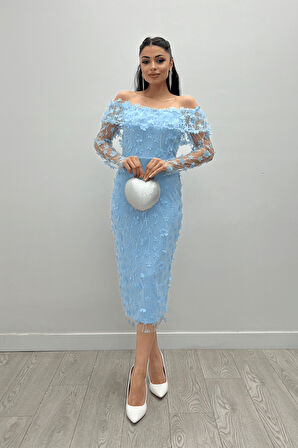 Üç Boyut Çiçekli Kumaş Kayık Yaka Kalem Elbise - BUZ MAVİ