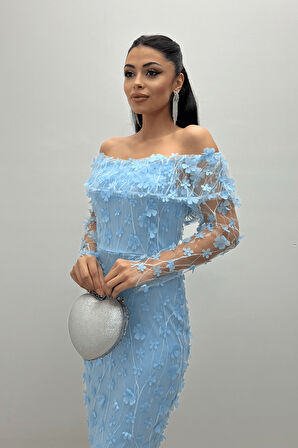 Üç Boyut Çiçekli Kumaş Kayık Yaka Kalem Elbise - BUZ MAVİ