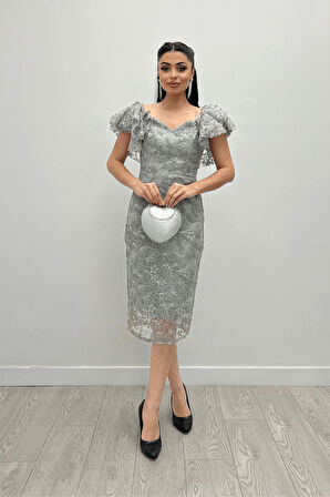 İşleme Dantel Kumaş Kayık Yaka Kalem Elbise - GRİ