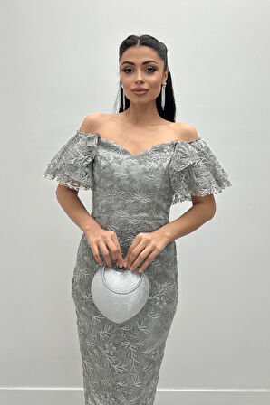 İşleme Dantel Kumaş Kayık Yaka Kalem Elbise - GRİ