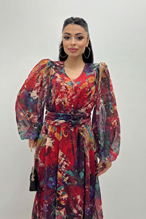 Desenli Sifon Kumaş Beli Lastikli Midi Elbise - KIRMIZI