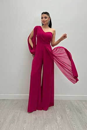 Şifon Kumaş Tek Kol Detaylı Tulum - FUŞYA