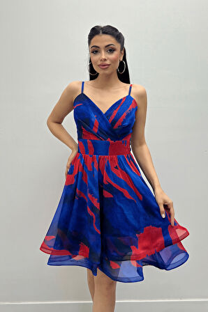 Organze Sifon Kumaş Desenli Mini Elbise - SAKS MAVİ