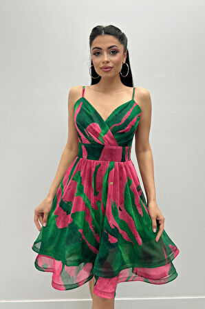 Organze Sifon Kumaş Desenli Mini Elbise - YEŞİL