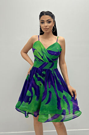 Organze Sifon Kumaş Desenli Mini Elbise - MOR