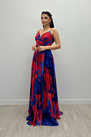 Organze Sifon Kumaş Desenli Maxi Elbise - SAKS MAVİ