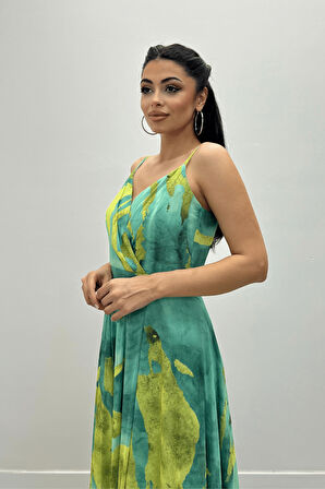 Organze Sifon Kumaş Desenli Maxi Elbise - MİNT YEŞİLİ