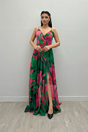 Organze Sifon Kumaş Desenli Maxi Elbise - YEŞİL