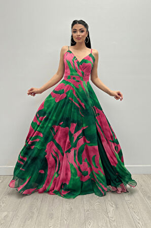 Organze Sifon Kumaş Desenli Maxi Elbise - YEŞİL