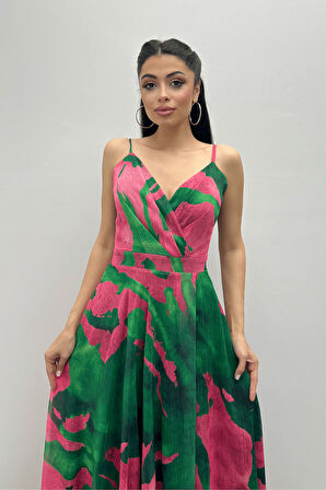 Organze Sifon Kumaş Desenli Maxi Elbise - YEŞİL