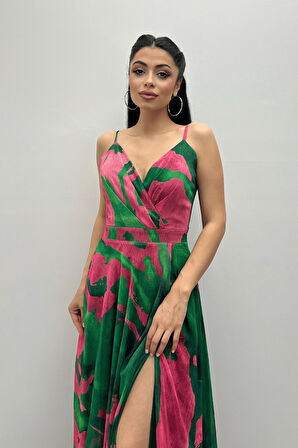 Organze Sifon Kumaş Desenli Maxi Elbise - YEŞİL