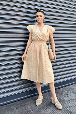 Fisto Kumaş Kruvaze Yaka Elbise - KREM