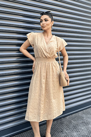 Fisto Kumaş Kruvaze Yaka Elbise - KREM