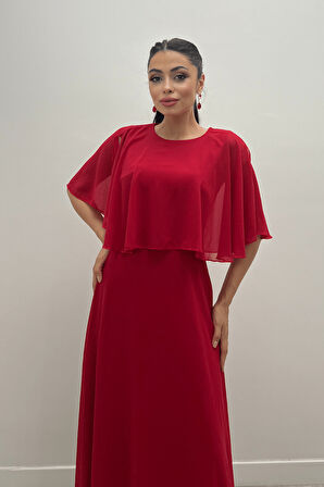 Şifon Kumaş Bolero Detaylı Elbise - KIRMIZI