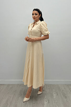 Cotton Kumaş Düğme Detaylı Gömlek Elbise - KREM