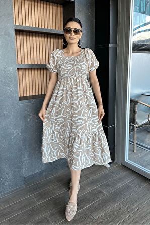 Poplin Kumas Göğüsü Büzgü  Detaylı Midi Elbise - KREM