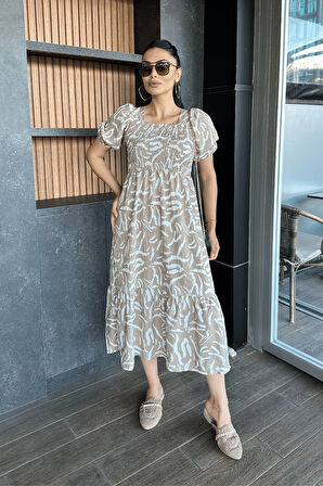 Poplin Kumas Göğüsü Büzgü  Detaylı Midi Elbise - KREM