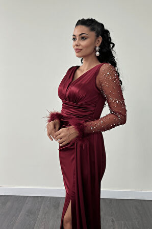 Saten Kumaş Kolları Otrişli Boncuk Detaylı Balık Elbise - BORDO