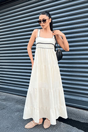 Keten Kumaş Askılı Maxi Elbise  - KREM