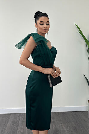 Saten Kumaş Straplez Tül Detaylı Kalem Elbise - ZÜMRÜT YEŞİL