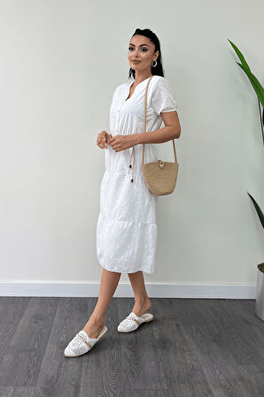 Fisto Kumaş Düğme Detaylı Mini Elbise - BEYAZ