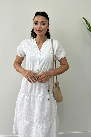 Fisto Kumaş Düğme Detaylı Mini Elbise - BEYAZ