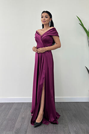 Saten Kumaş Kayık Yaka Abiye Elbise - MÜRDÜM