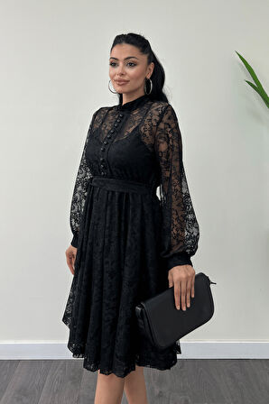 Dantel Kumaş Düğme Detaylı Mini Elbise - SİYAH