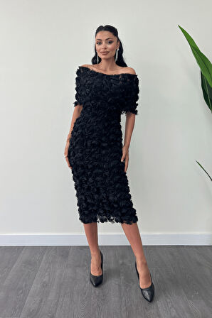 Üç Boyutlu Kumaş Bolero Detaylı Kalem Elbise - SİYAH